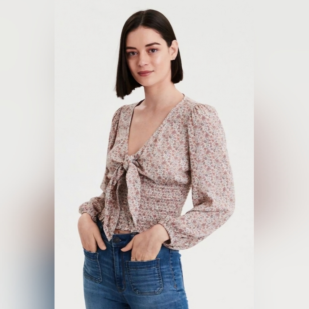 NEW AMERICAN EAGLE Floral Long Sleeve Tie Front Crop Blouse Pink Cream Large